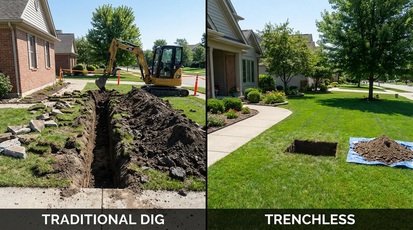 Trenchless sewer repair with minimal yard damage versus traditional excavation in Hallock, MN