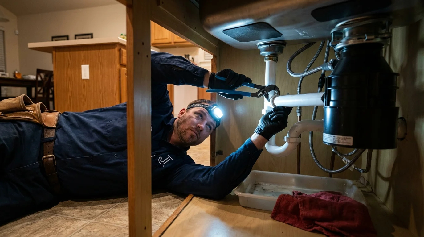 P-trap and supply line connections under a kitchen sink showing a common leak point in Hallock, MN